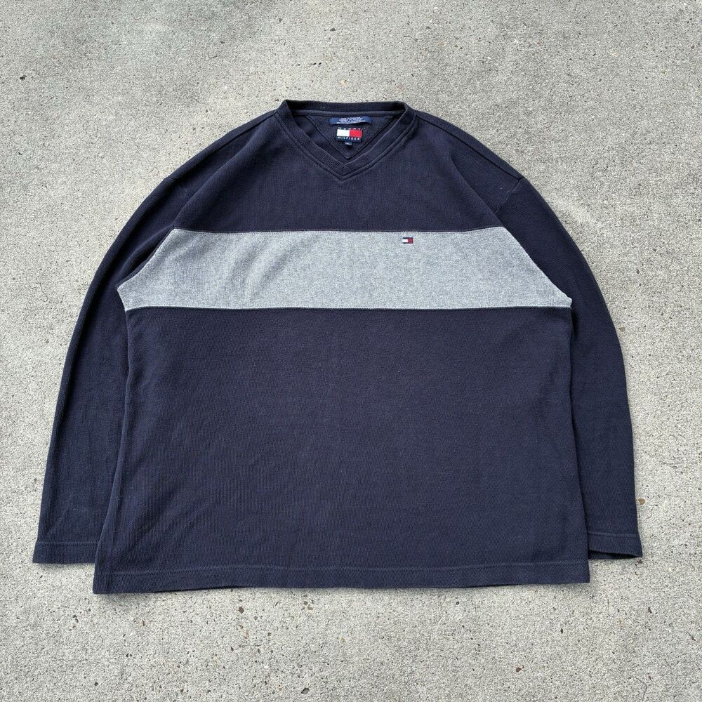 Tommy Hilfiger Sweater Men XL Navy Blue Big Flag V Neck Vtg Y2K Stripe Skater